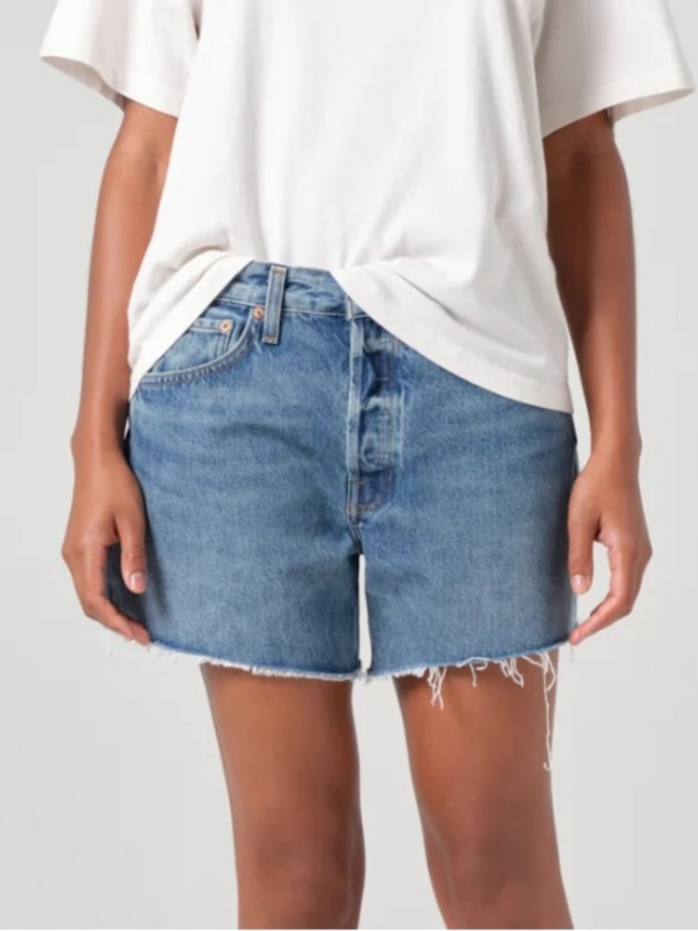 Agolde — Parker Long High-Rise Denim Cutoff Shorts